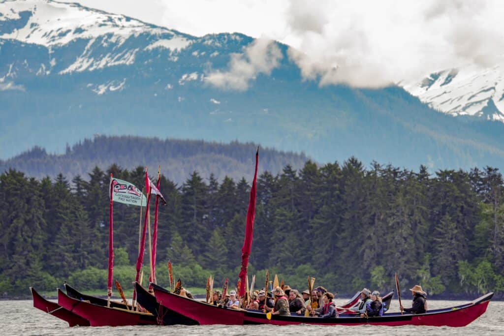A group of red canoes filled with people moves across the water, with the background of expansive sky, mountains, and evergreen trees.